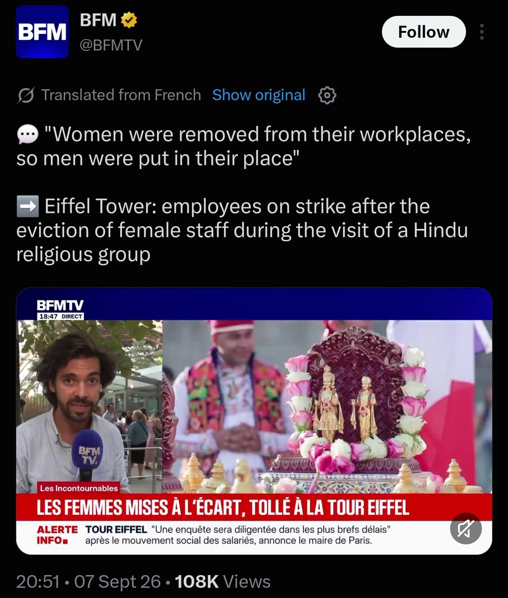 KutnitiFNDTN's tweet photo. 🇮🇳🇫🇷 BAPS's France tour was a disaster:

First, they opened a mandir far from Paris without connecting at all with the local Hindu community, which has been here for decades. People from Mauritius, Pondicherry, North India, the Caribbean, Réunion, Madagascar and Guyana who worked hard to give Hinduism a good image — and one compatible with French values.

But more importantly: on Saturday, a BAPS delegation visited the Eiffel Tower. Female staff were instructed to make themselves invisible. Some were told to leave their posts and wait in back rooms. At some stations they were replaced by men.
On Monday, the Eiffel Tower did not open. The staff went on strike. The operator had to issue a public apology. Every major French outlet ran it. AFP put it on the wire, which means it runs worldwide.
Consider what that headline says to a French reader who has never thought about India before: Eiffel Tower shut after Hindu delegation had women removed.

And because they wanted to give an official flavor to their visit, everyone now thinks this was an official delegation. All Hindus, Prime Minister Modi, the BJP — every one of those names is now mixed up and attached to their actions.
Right now it's everywhere in the French media and every French politician has to comment on it.
The one and only time Hinduism gets discussed in France, it's to explain that Hindus ask women to leave.

And of course, Europe's Pakistani nexus took the story to another level on social media.

Really, I have nothing against BAPS. I respect their way of life. Akshardham is incredible. But they need to plan their actions and their communication abroad far better than this.

🕉️ — Not Kutniti Foundation, just Ram