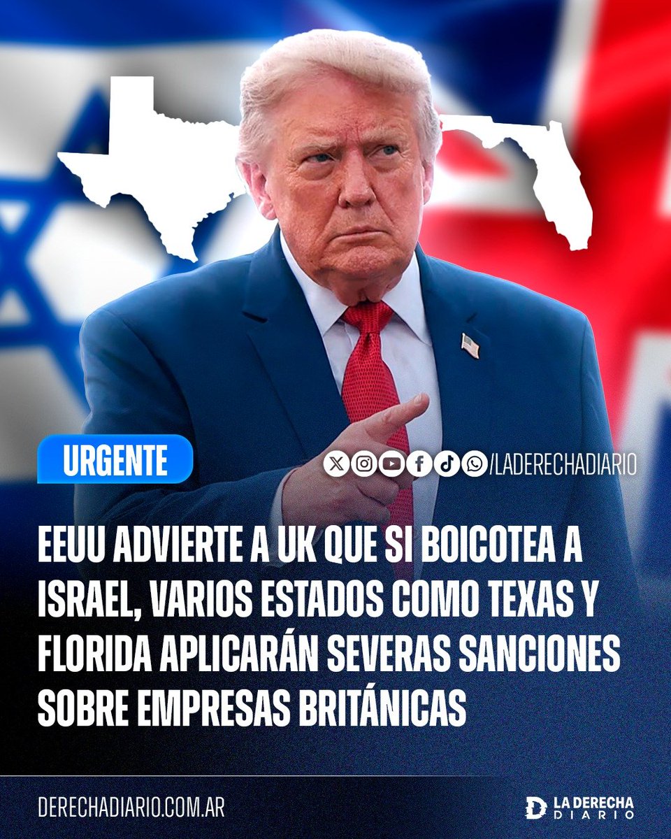 laderechadiario's tweet photo. 🚨🇺🇸🇬🇧🇮🇱 | URGENTE — EEUU ADVIERTE AL REINO UNIDO POR EL BOICOT A ISRAEL: El congresista republicano Randy Fine advirtió que, si Londres obliga a empresas británicas a participar del boicot contra Israel, la ley de Florida impediría que esas compañías hagan negocios con gobiernos estatales y locales.

Fine recordó que Florida ya utilizó esta legislación contra Airbnb en 2019 y aseguró que cualquier empresa o país que boicotee a Israel será también boicoteado por el estado.

“Florida lo ha dejado claro. Cualquier empresa —o nación— que boicotee a Israel es boicoteada por Florida”.