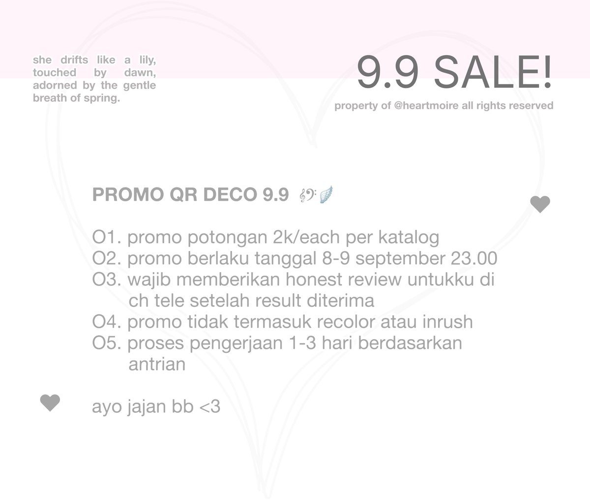 heartmoire's tweet photo. help   repost   please   tysm   ♥︎    aku   kembali   ngadain   promo   qr   deco   9. 9   dengan   potongan   2rb   per   1   katalog   ☻   yuk   yang   mau   jajan   sung   chat   tele   aja.   berlaku   tanggal   08  -  09   september   yaa   🤍 https://t.co/szBt6vL571