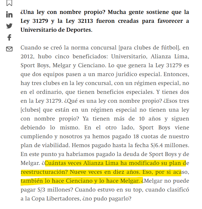 ricardoguerrab's tweet photo. #Concursal
¿Qué es una ley con nombre propio? ¿Qué es hacer "perro muerto", no solo a acreedores, sino a hinchas que esperan la devolución de su club?
"¿Cuántas veces #Alianza ha modificado su plan? 9 veces en 10 años", apunta Franco Velazco, en entrevista con Semana Económica. https://t.co/RoHu4EBEPo