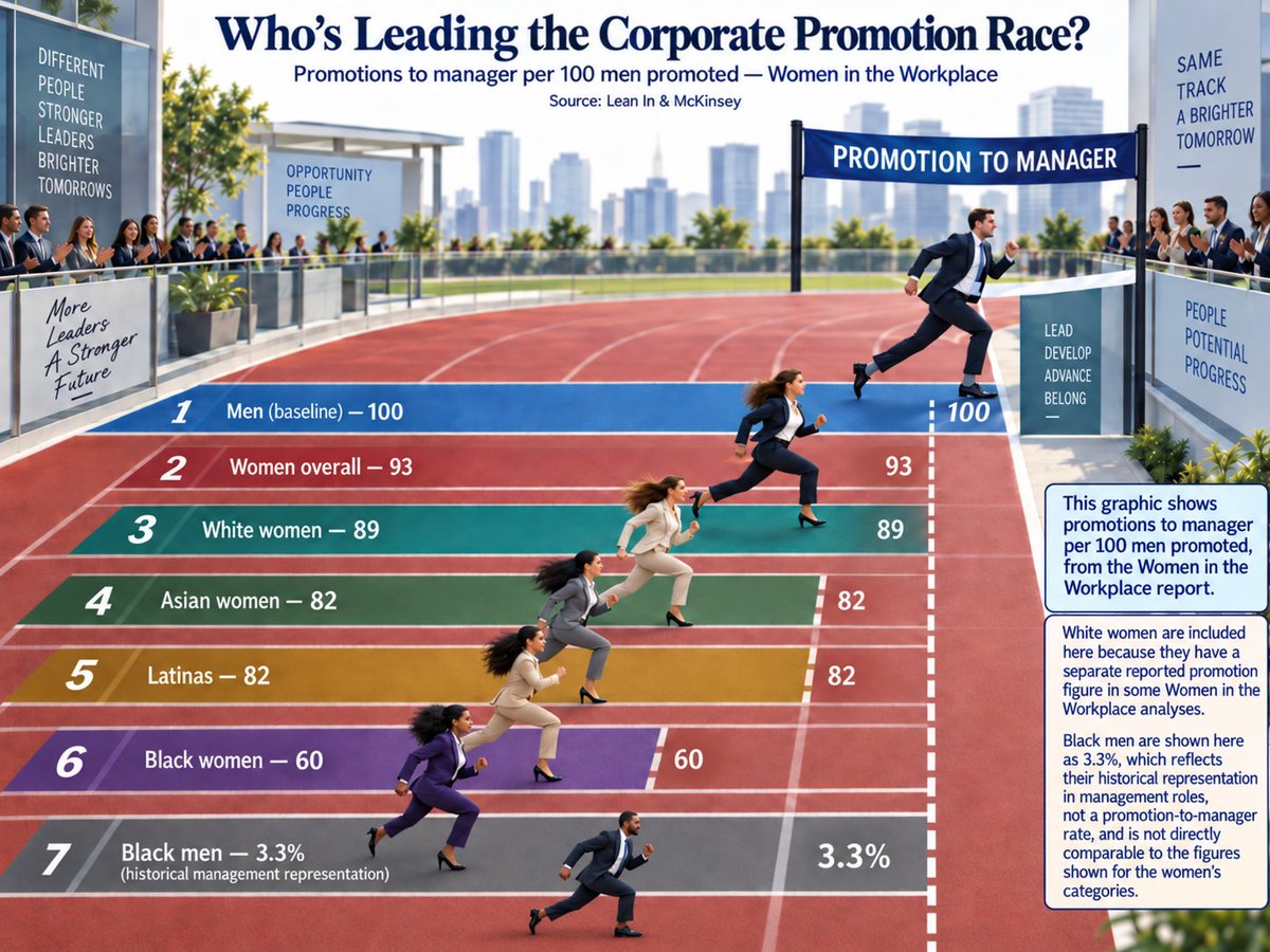 6Megaman's tweet photo. In 2026, for every 100 men promoted to manager, the study found approximately: 
Group Promotions to manager per 100 men
White women-89
Asian women-82
Latina women-82
Black women-60
So Black women were actually doing worst on that particular promotion measure, despite DEI programs commonly being portrayed as disproportionately benefiting Black employees