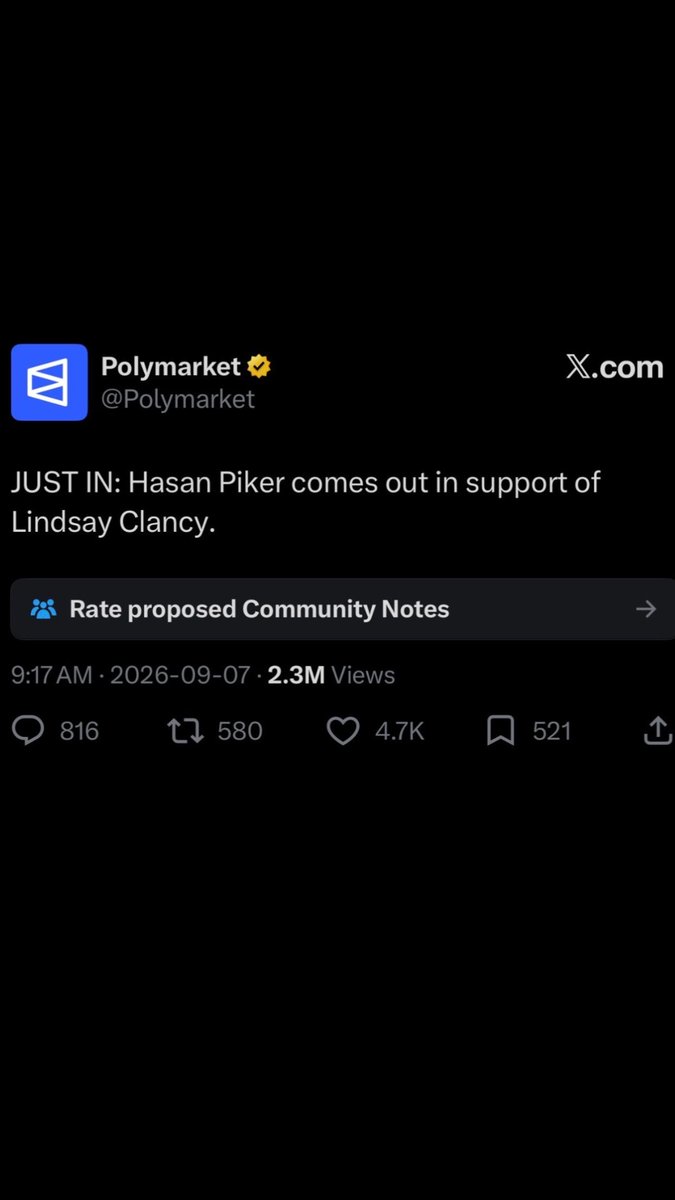 HasanabiProd's tweet photo. Polymarket has officially deleted their post after they got caught blatantly lying about Hasan Piker’s position on Lindsay Clancy.

The strategy on Twitter is to just lie about Hasan and hope no one fact checks https://t.co/LykrWTKzby