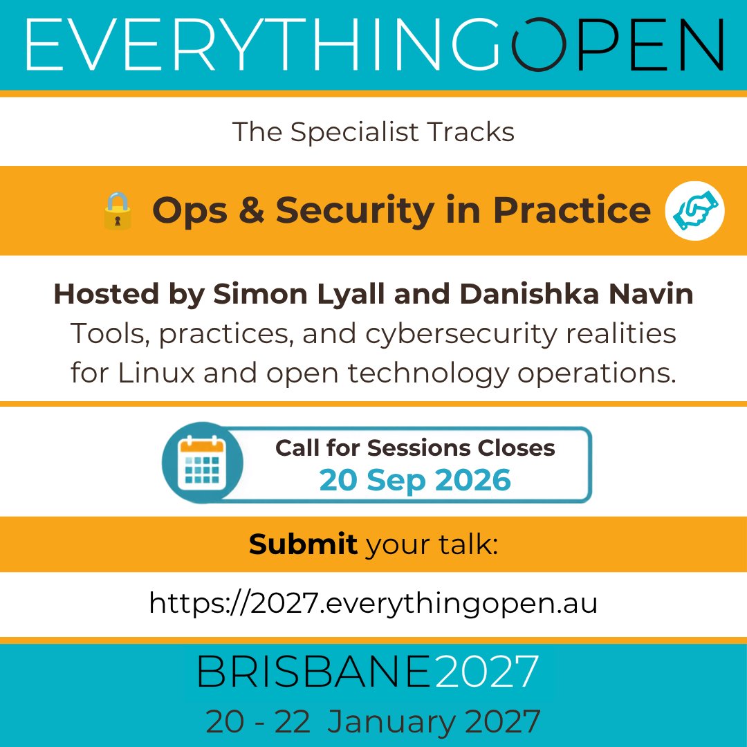 _everythingopen's tweet photo. 3 specialist tracks will run alongside the main program.

🔒 Ops and Security in Practice
Hosted by Simon Lyall and Danishka Navin

The latest technologies, tools, best and emerging practices, and cybersecurity realities for Linux and open technology operations. 👇 https://t.co/oZffoQWivR