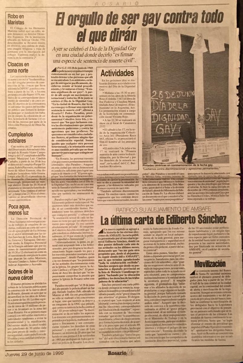 paradisosottile's tweet photo. Recuerdo con mucho afecto y agradecimiento a Rosario 12, a  sus periodistas que con absoluta conciencia y responsabilidad informaban sobre la situación de discriminación y persecución hacia las personas #LGBTIQ+ en los 90. Incluso fue el diario donde hice público por primera vez mi activismo como defensor de DDHH y gay. #Gracias siempre!