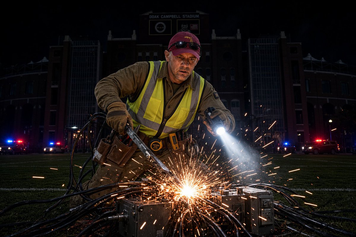 BootlegAthletic's tweet photo. Power outage #smufsu #fsu #smu #doakcampbell #mikenorvell https://t.co/U0mgSOl849