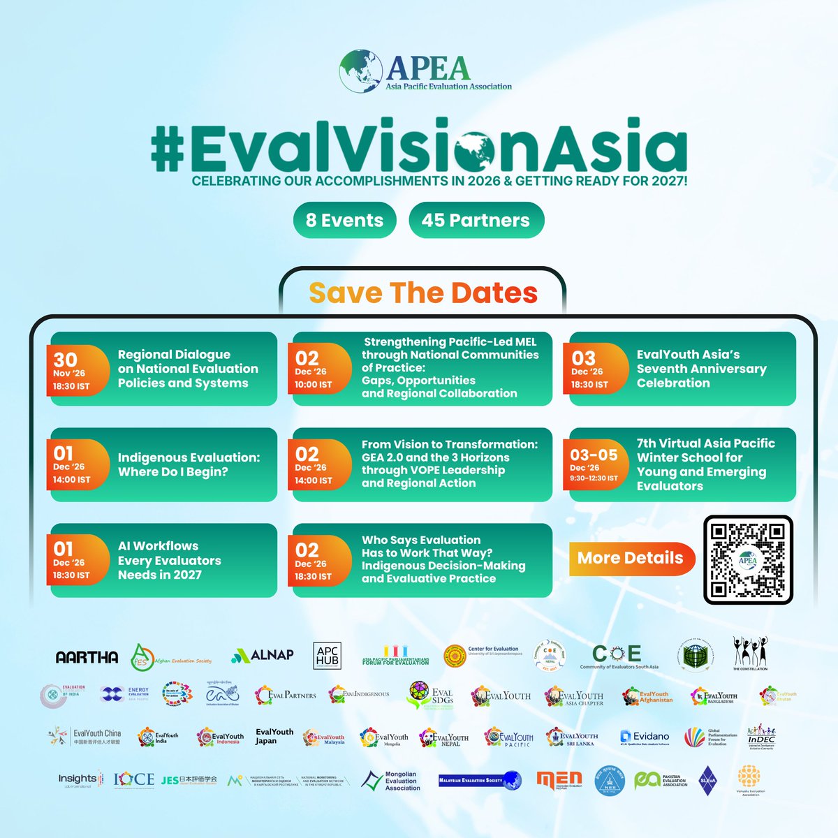 APEAeval's tweet photo. 🌏✨ SAVE THE DATES! #EvalVisionAsia 2026 is coming! 

Join Asia-Pacific’s evaluation community, 30 Nov–5 Dec, for 8 sessions, shared learning, and conversations shaping the future of evaluation.

📅 Add the EvalVisionAsia 2026 agenda to your calendar:
https://t.co/IwYoSdztLd https://t.co/4akKmXZdOa