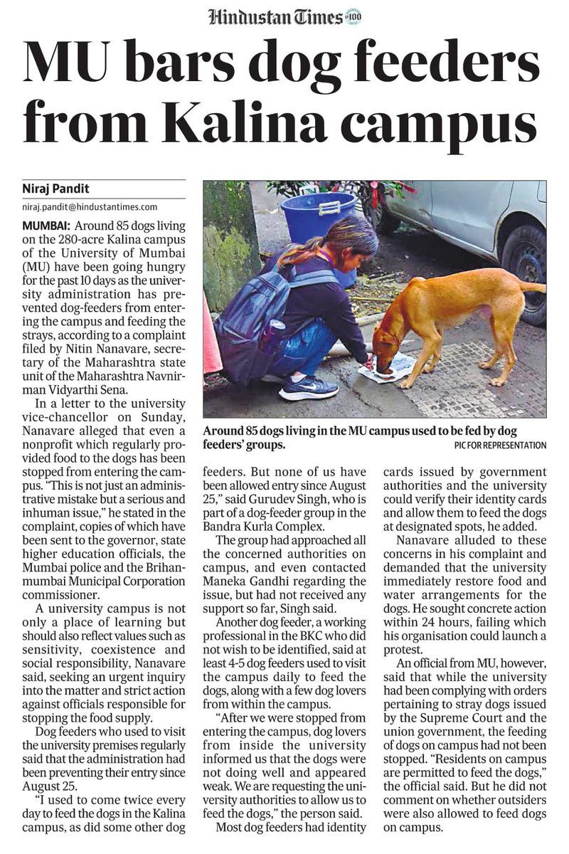 nirajcpandit's tweet photo. Around 85 dogs living on the 280-acre Kalina campus of the @Uni_Mumbai have been going hungry for the past 10 days as the university administration has prevented dog-feeders from entering the campus and feeding the strays
#DogCare @MNVS_Adhikrut 
https://t.co/VcuDj3eD72 https://t.co/hwTwPM5Jkf