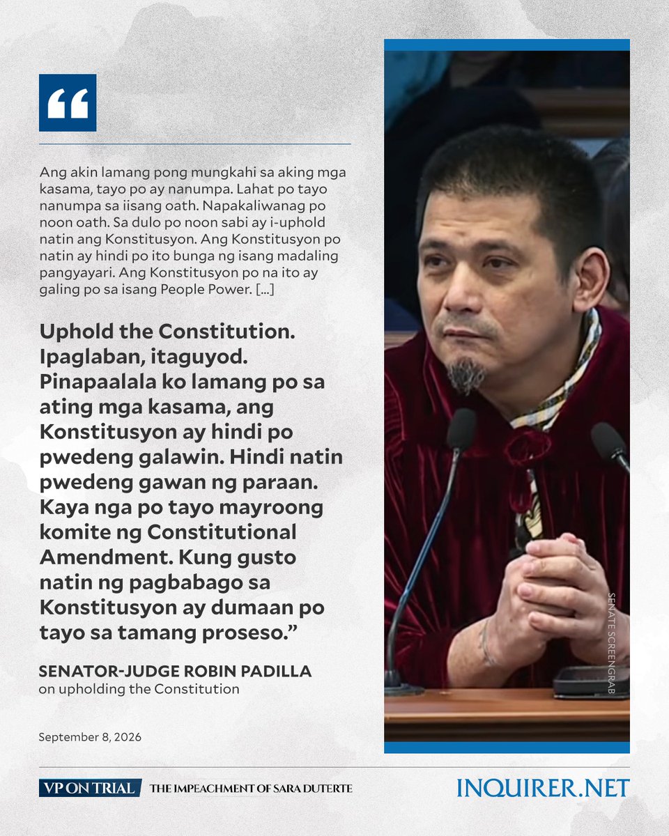 Senator-judge Robin Padilla urged colleagues to uphold their oath to defend the Constitution during VP Sara Duterte’s impeachment trial, stressing its importance and that reforms should go through the Committee on Constitutional Amendments. #VPonTrial