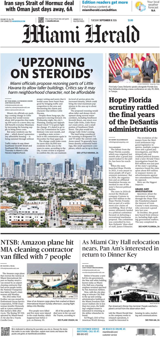 ukpapers's tweet photo. ▫ 'Upzoning on steroids'

▫Miami officials propose rezoning parts of Little Havana to allow taller buildings
▫@tessriski, Catherine Odom, Max Klaver
▫https://t.co/uKgU6zVrVw

@MiamiHerald #frontpagestoday #USA https://t.co/8WQ7I2gkPl