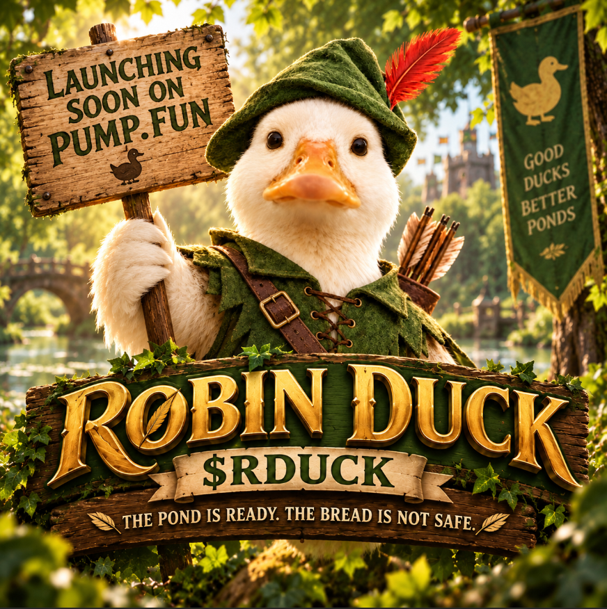 ROBINDUCKsol's tweet photo. Launching soon on @PumpFun.

The pond is ready.
The bread is not safe.
Robin Duck is coming.
$RDUCK
#RDUCK #SOL #PumpFun https://t.co/ETcpV8MbPm