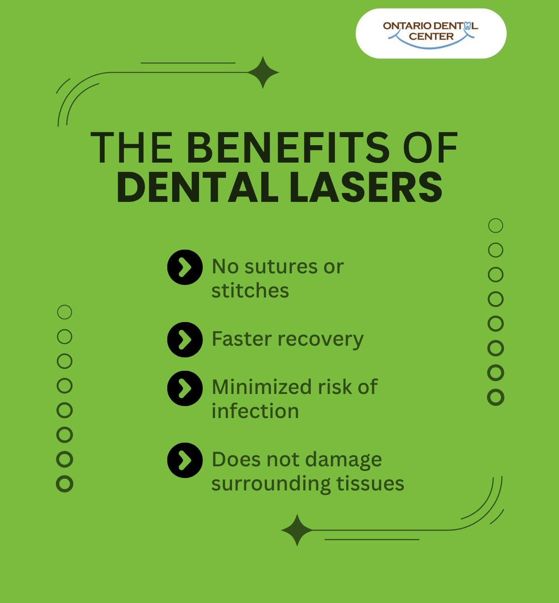 ONDentalCenter's tweet photo. These are just a few benefits of dental lasers. Laser dentistry can help perform several procedures precisely and effectively for a healthier smile. Visit our website to learn more.
.
.
.
https://t.co/TI6jE5JdWZ
.
.
.
#laserdentistry #dentallasers #dentaltechnology https://t.co/WJ0SLY7XWf