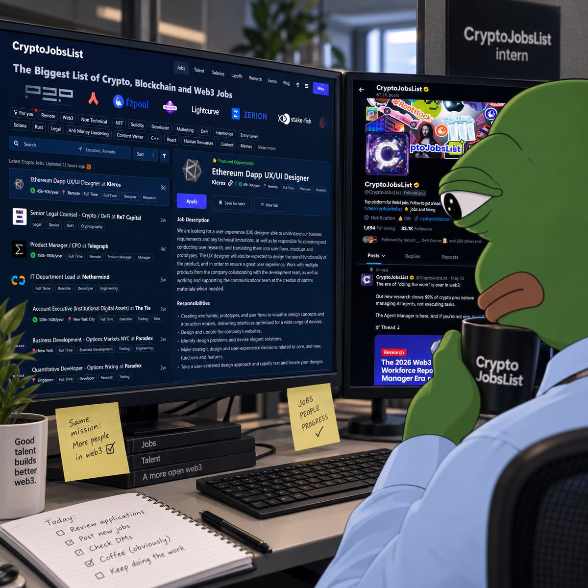 CryptoJobsList's tweet photo. GM! 

Keeping one eye on the job market and the other on the timeline 👀 https://t.co/p9892IMUm5