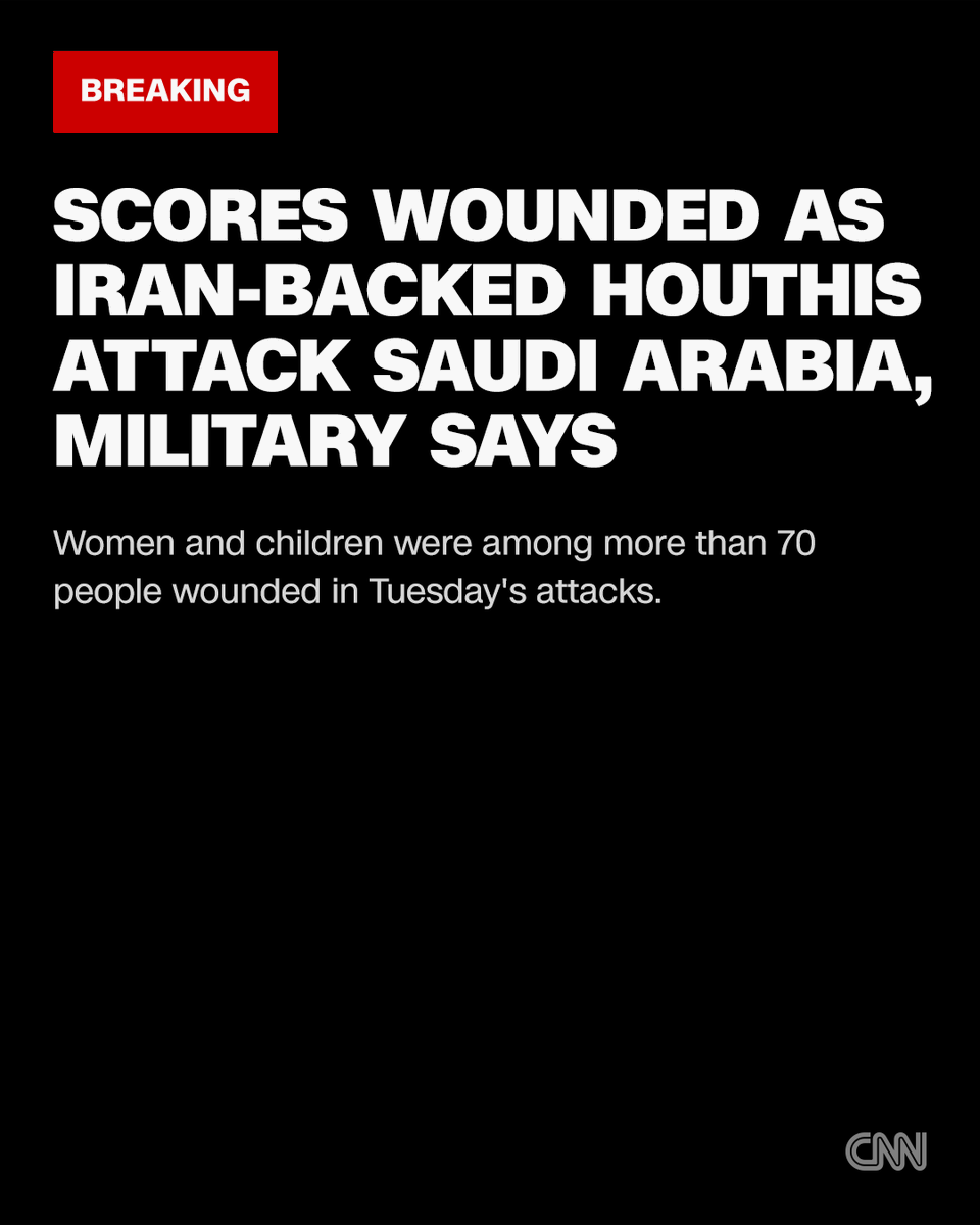 CNN's tweet photo. Saudi-led coalition forces are vowing a resolute response to a wave of attacks from Yemen's Iran-backed Houthi rebels early Tuesday that it said wounded at least 73 civilians, including women and children. https://t.co/eVSa8TEYCM https://t.co/SRngikGrdt