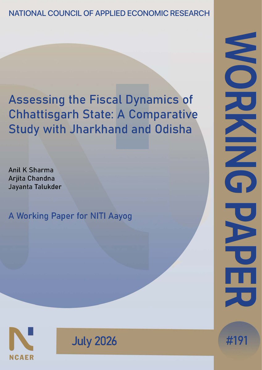 ncaer's tweet photo. NCAER is pleased to announce the release of its Working Paper, “Assessing the Fiscal Dynamics of Chhattisgarh State: A Comparative Study with Jharkhand and Odisha,” by Anil K Sharma, Arjita Chandna, and Jayanta Talukder.

The paper examines Chhattisgarh’s revenue mobilisation, expenditure quality, fiscal deficits, debt sustainability, and fiscal discipline, comparing the State’s fiscal performance with that of Jharkhand and Odisha. While Chhattisgarh performs relatively well in revenue generation and developmental spending, rising committed expenditure and widening fiscal deficits could pose challenges to its fiscal sustainability.

Read paper: https://t.co/jBKg3HLeau