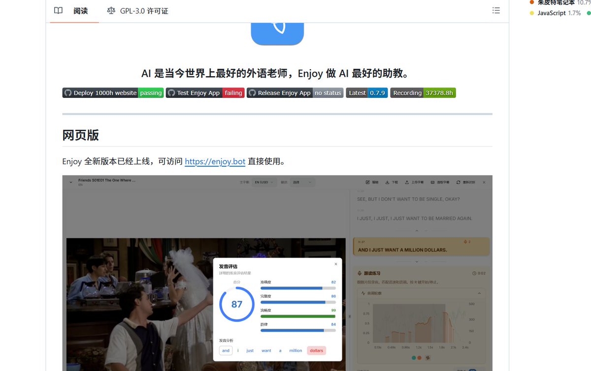kun66666677's tweet photo. 李笑来《人人都能用英语》全文，加上 2024 年更新的一千小时训练法，被打包进一个 AI 口语助手：Enjoy

不用自己排计划，按任务往下走：从语音塑造到跟读、精听。路子野，但核心就是把练习拆成每天能做的动作。

跟读会逐词挑发音，耐心比多数课高。浏览器插件对着 YouTube、Netflix 点开就能看双语字幕细听，通勤磨耳朵更合适。网页版在 https://t.co/TZSfegO4iS

它不是速成。一千小时还是得自己磨。好处是午休、睡前推进一点，不会被系统吓住

每天往前挪一截，比那些捷径靠谱
https://t.co/9pB5x27UfI