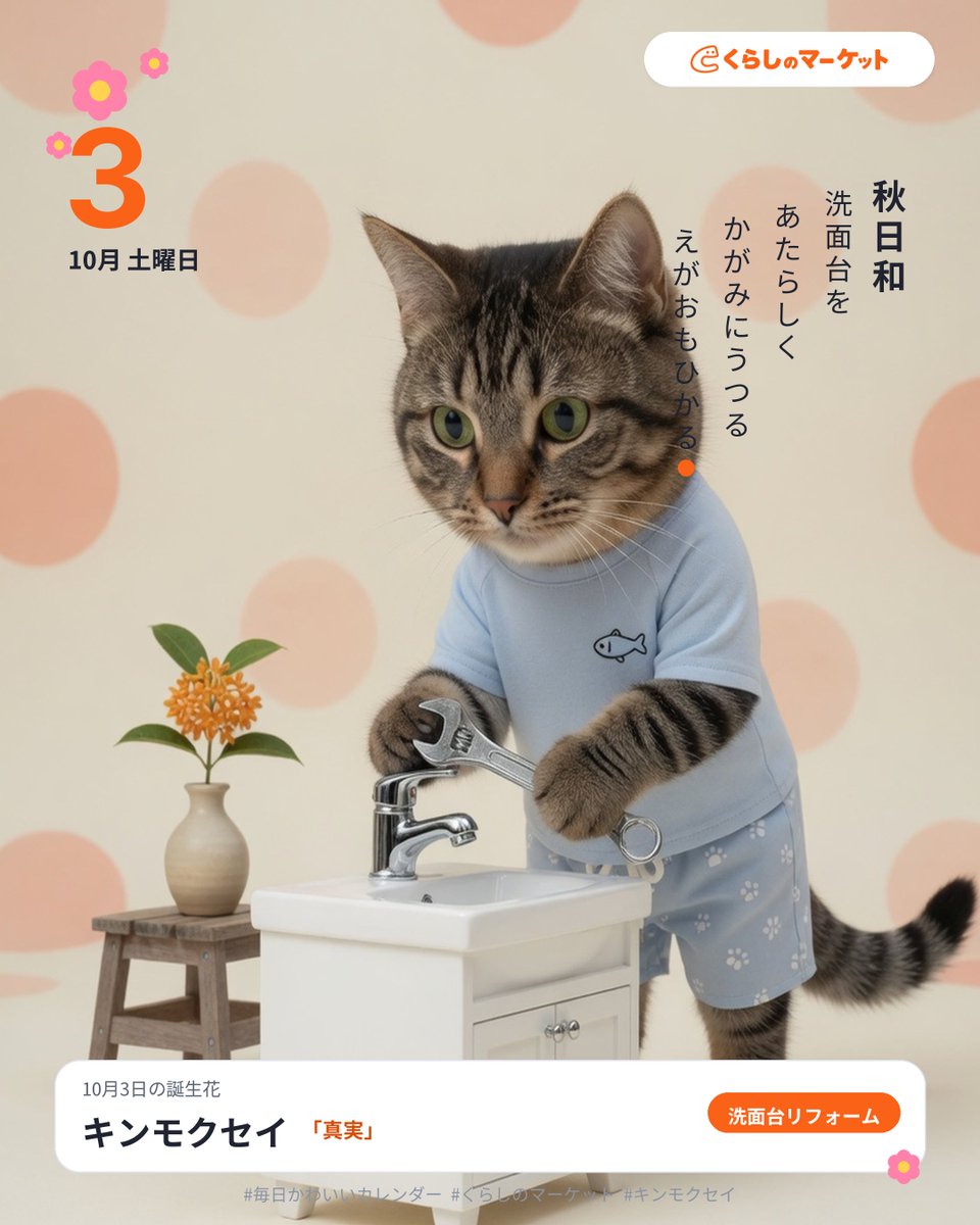 hetyomokore's tweet photo. 秋日和 洗面台を あたらしく、
かがみにうつる えがおもひかる。

#毎日かわいいカレンダー
#キンモクセイ #真実
出典: https://t.co/fRNXShRECY

#くらしのマーケット #洗面台リフォーム

#Grok 4.5 を使って生成しました。 https://t.co/dh00iu08wr
