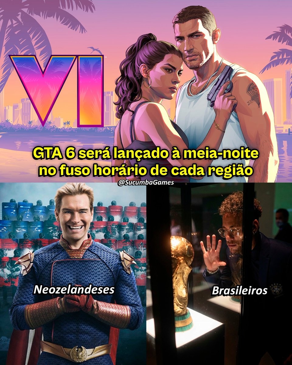SucumbaGames's tweet photo. A Rockstar lançará o GTA 6 à meia-noite no horário local de cada região em 19 de novembro

A Nova Zelândia será a primeira região do mundo a jogar GTA 6, às 11h UTC do (nosso) dia 18. O Brasil só desbloqueia às 3h UTC do dia 19, uma diferença de 16 horas.

No Xbox o sistema funciona de forma parecida para as regiões suportadas, mas a grande diferença é que dá pra mudar a região do console facilmente e jogar mais cedo pela Nova Zelândia. Quem tem PS5 vai ter que esperar, a não ser que você seja tão ansioso ao ponto de criar uma conta separada da Nova Zelândia e comprar o jogo por lá (o que só é possível fazer com Gift Cards específicos da região da Nova Zelândia)