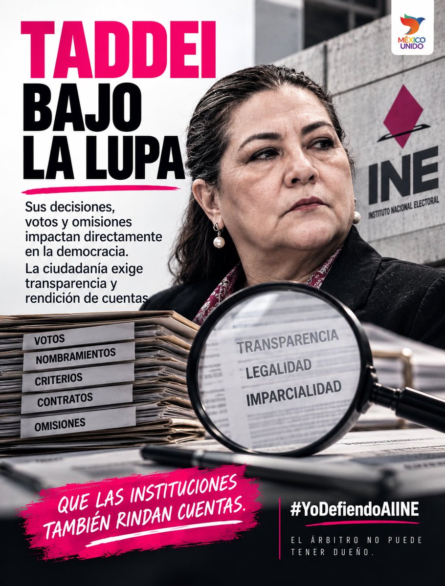 DeniseMeadeG's tweet photo. 🟣 TADDEI BAJO LA LUPA

Presidir el @INEMexico no es un privilegio blindado. Es una responsabilidad que exige cuentas en cada voto, cada nombramiento, cada criterio.

Cuanto más grande el cargo, mayor la obligación de transparencia. No menor.

Si Taddei no puede explicar sus decisiones ante la ciudadanía, tiene un problema grave. Y ese problema se llama legitimidad.

#YoDefiendoAlINE