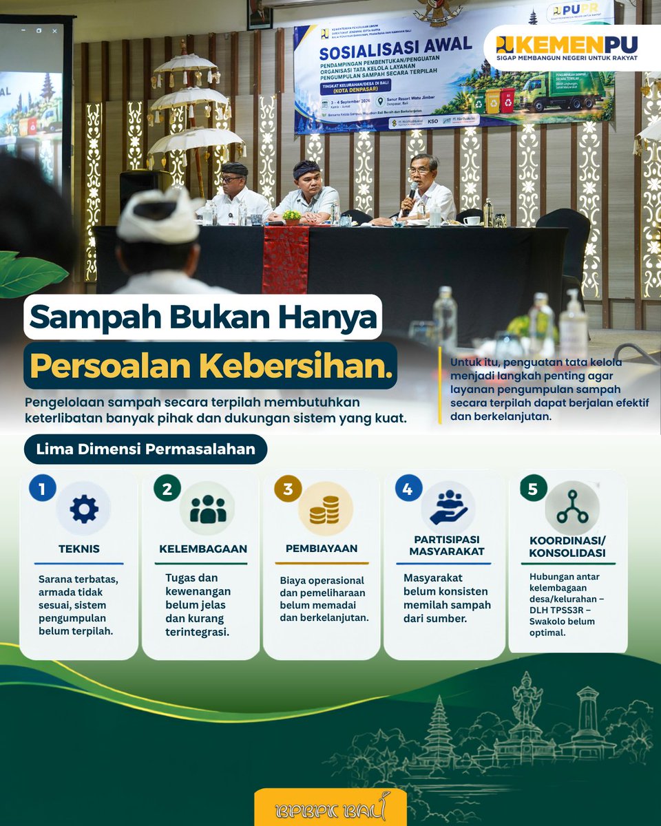 pu_ck_bali's tweet photo. Sosialisasi Awal Penguatan Tata Kelola Sampah Terpilah.
Kegiatan ini bertujuan memperkuat pengelolaan sampah dari hulu melalui penguatan kelembagaan, penyusunan rencana teknis, pemilahan dari sumber, serta layanan pengumpulan sampah secara terpilah. https://t.co/MuAzRE09ss
