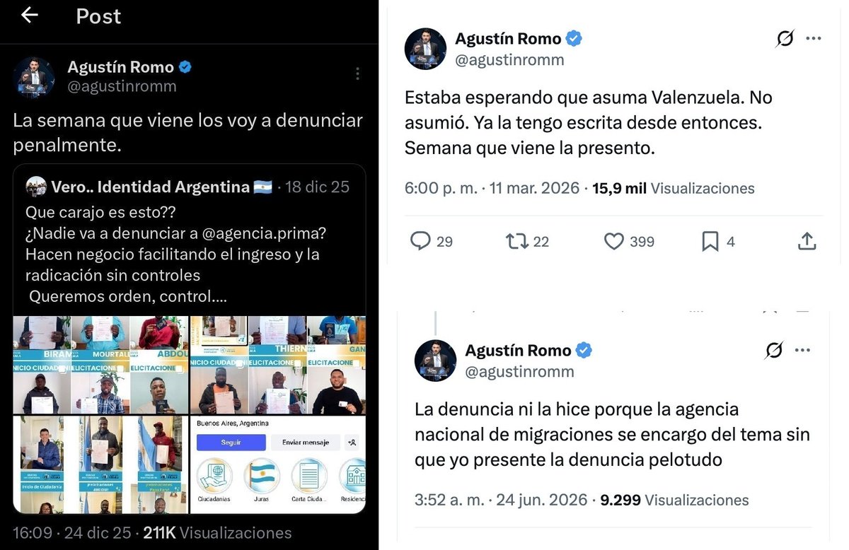TuckerGringo's tweet photo. Agustín Romo el 24/12/2025: La semana que viene voy a denunciar a los inmigrantes ilegales

Agustín Romo el 11/03/2026: La semana que viene voy a denunciar a los inmigrantes ilegales

Agustín Romo el 24/06/2026: Todavía nunca hice la denuncia

¿Qué está pasando? @agustinromm https://t.co/9lbGFvg9FF