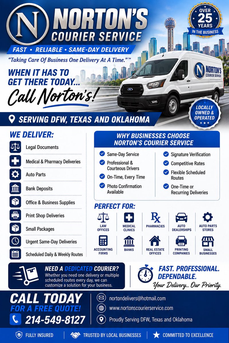 nortonscourier's tweet photo. Your business can’t afford late deliveries. 🚚⚡

For over 25 years, Norton’s Courier Service has delivered with speed, reliability, and professionalism across DFW, Texas, and Oklahoma.

📞 214-549-8127
🌐 https://t.co/eHfWv79s2N

Taking care of business—one delivery at a time! https://t.co/DrviV2sylP