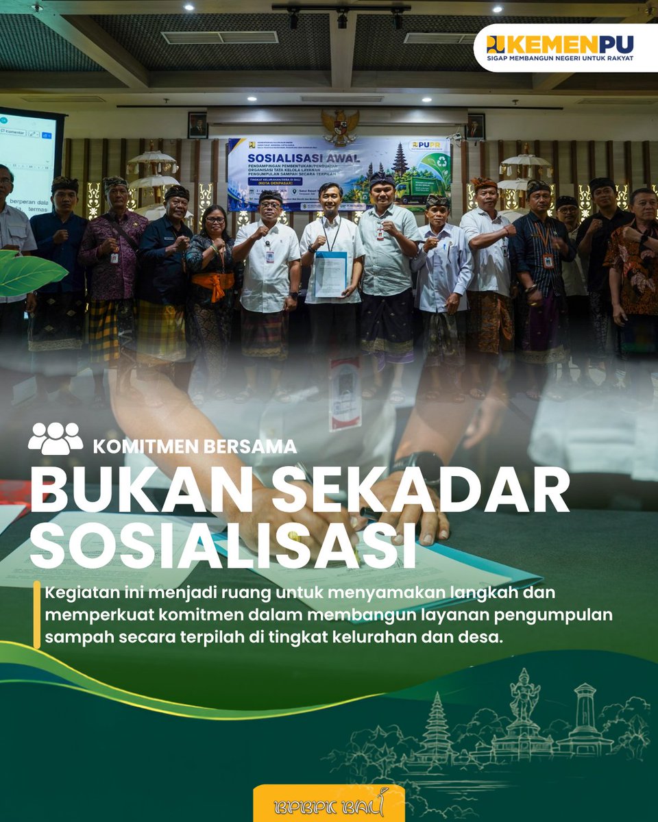 pu_ck_bali's tweet photo. Sosialisasi Awal Penguatan Tata Kelola Sampah Terpilah.
Kegiatan ini bertujuan memperkuat pengelolaan sampah dari hulu melalui penguatan kelembagaan, penyusunan rencana teknis, pemilahan dari sumber, serta layanan pengumpulan sampah secara terpilah. https://t.co/MuAzRE09ss
