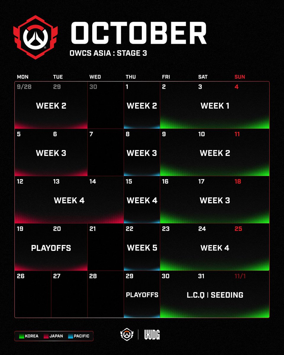 WDGJAPAN's tweet photo. 📅 Stage 3 スケジュールのご案内 | SEPTEMBER - NOVEMBER

OWCS ASIA : Korea / Japan / Pacific Stage 3 のスケジュールをご確認ください！

※ Korea Stage 3の開幕日が9月18日（金）から10月2日（金）に変更されました。

#OWCS https://t.co/B59q0t9DW2