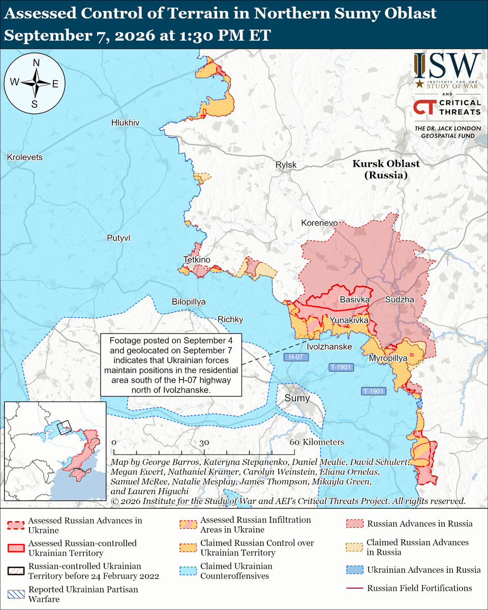TheStudyofWar's tweet photo. NEW: Negotiations to secure the durable and lasting peace that US President Donald Trump has said he aims for cannot be based on Russian lies. They can only be based on the actual realities of the battlefield and the real trajectory of the war, which does not favor Russia.

More Key Takeaways:

The Ukrainian military demonstrated, and a Kremlin-affiliated milblogger acknowledged, the falsity of one of Russian President Vladimir Putin's more outrageous claims of fictitious Russian gains in Donetsk Oblast.

The pervasive culture of lying within the Russian armed forces paradoxically both damages Russian forces' ability to fight effectively and supports exaggerated Kremlin claims that Putin weaponizes to enhance Russia's negotiation position.

Negotiations to secure the durable and lasting peace that US President Donald Trump has said he aims for cannot be based on Russian lies. They can only be based on the actual realities of the battlefield and the real trajectory of the war, which does not favor Russia.

Ukrainian forces recently advanced in the Slovyansk direction and the Kostyantynivka-Druzhkivka tactical area.

Russia launched 92 drones against Ukraine overnight. Ukrainian forces continued their long-range strike campaign against Russian military assets and oil infrastructure on the night of September 6 to 7.