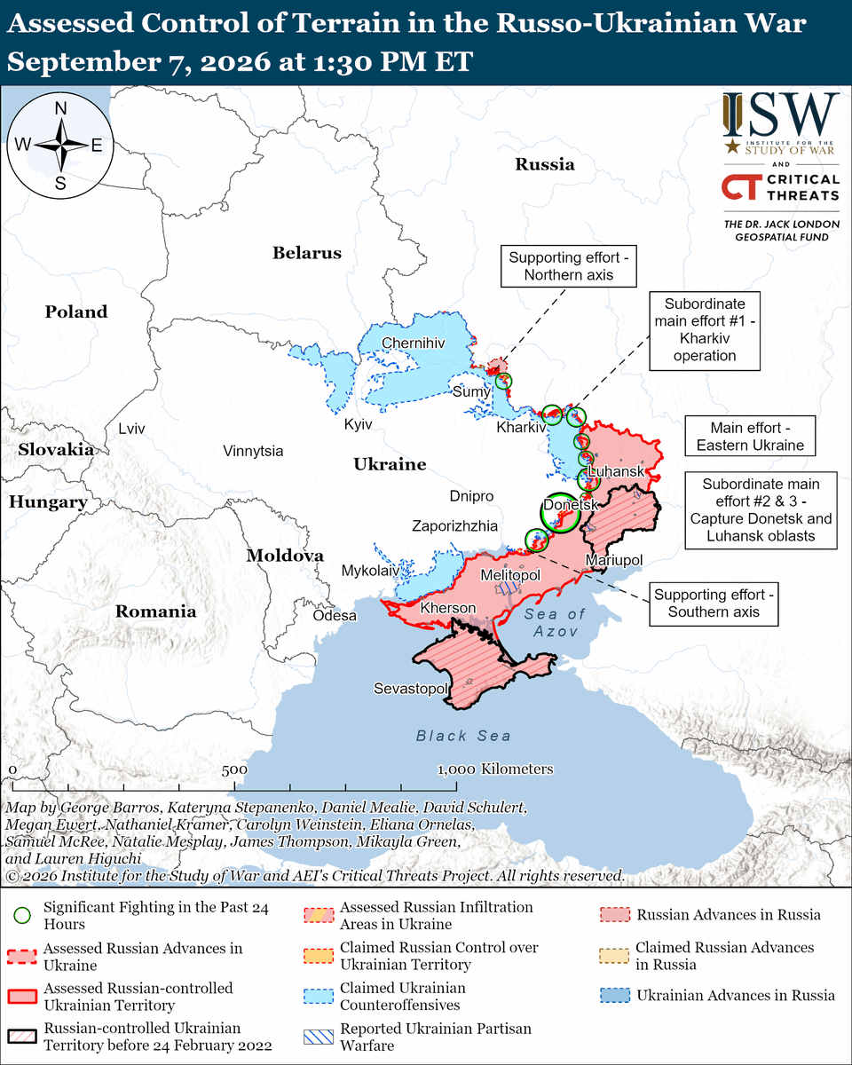 TheStudyofWar's tweet photo. NEW: Negotiations to secure the durable and lasting peace that US President Donald Trump has said he aims for cannot be based on Russian lies. They can only be based on the actual realities of the battlefield and the real trajectory of the war, which does not favor Russia.

More Key Takeaways:

The Ukrainian military demonstrated, and a Kremlin-affiliated milblogger acknowledged, the falsity of one of Russian President Vladimir Putin's more outrageous claims of fictitious Russian gains in Donetsk Oblast.

The pervasive culture of lying within the Russian armed forces paradoxically both damages Russian forces' ability to fight effectively and supports exaggerated Kremlin claims that Putin weaponizes to enhance Russia's negotiation position.

Negotiations to secure the durable and lasting peace that US President Donald Trump has said he aims for cannot be based on Russian lies. They can only be based on the actual realities of the battlefield and the real trajectory of the war, which does not favor Russia.

Ukrainian forces recently advanced in the Slovyansk direction and the Kostyantynivka-Druzhkivka tactical area.

Russia launched 92 drones against Ukraine overnight. Ukrainian forces continued their long-range strike campaign against Russian military assets and oil infrastructure on the night of September 6 to 7.