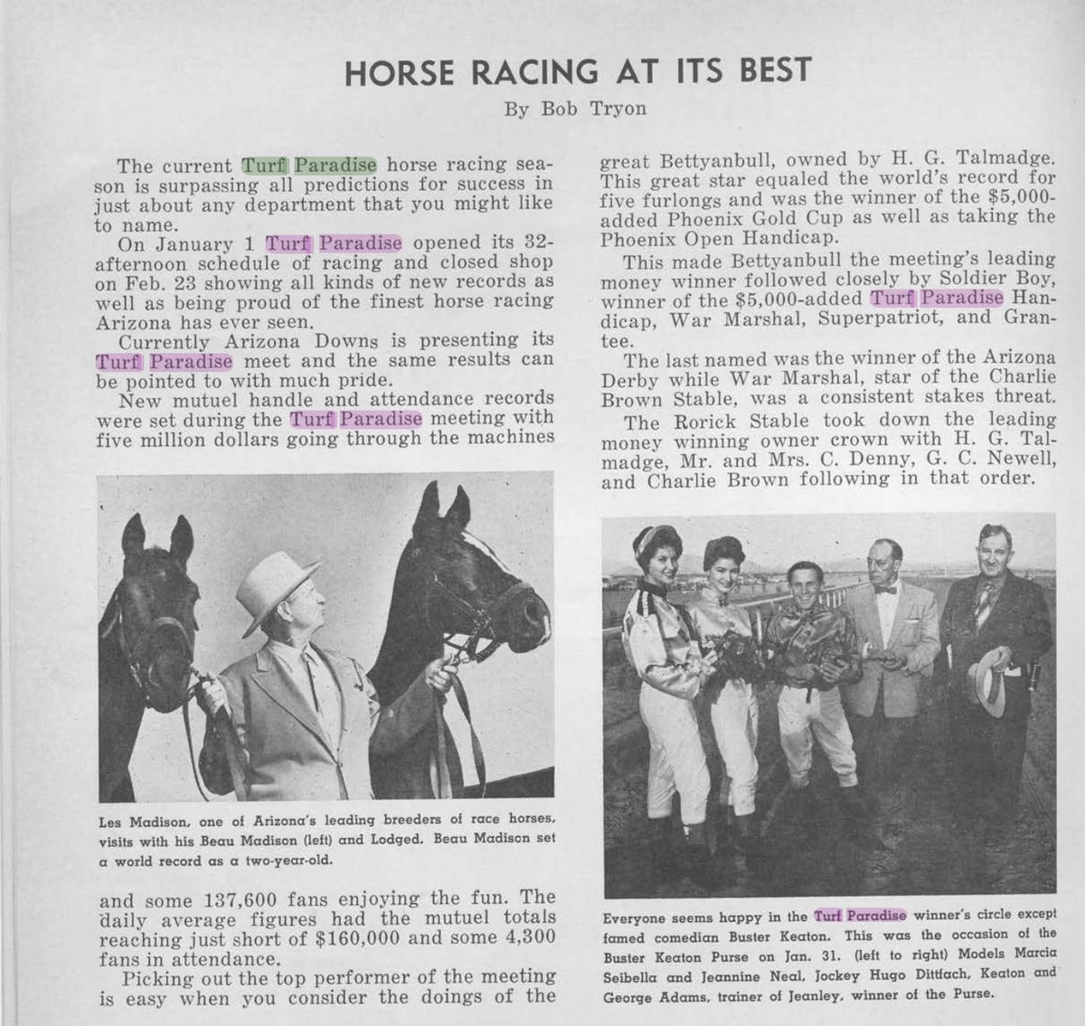 turf_paradise's tweet photo. From the 1958 Archives:

A record-breaking season at Turf Paradise! 🏇

Across 32 days of racing, 137,600 fans came through the gates and nearly $5 million was wagered. The season’s brightest star was Bettyanbull, who equaled the five-furlong world record and won both the Phoenix Gold Cup and Phoenix Open Handicap.
