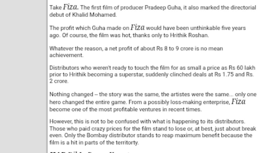 45RohiRat18Fan's tweet photo. #Throwback 
Hype around 
FIZA : BUMPER OPENER

From No Buyer at 60L to 2 CR Distribution Rights 
Reason: 
Extension of the Screentime
Addition of Song 
Promotion Done with Male Lead

"Only One Hero Changed the Entire Game"

HRITHIK ROSHAN 

#26YearsOfFiza #HrithikRoshan https://t.co/OctUDtbTxm