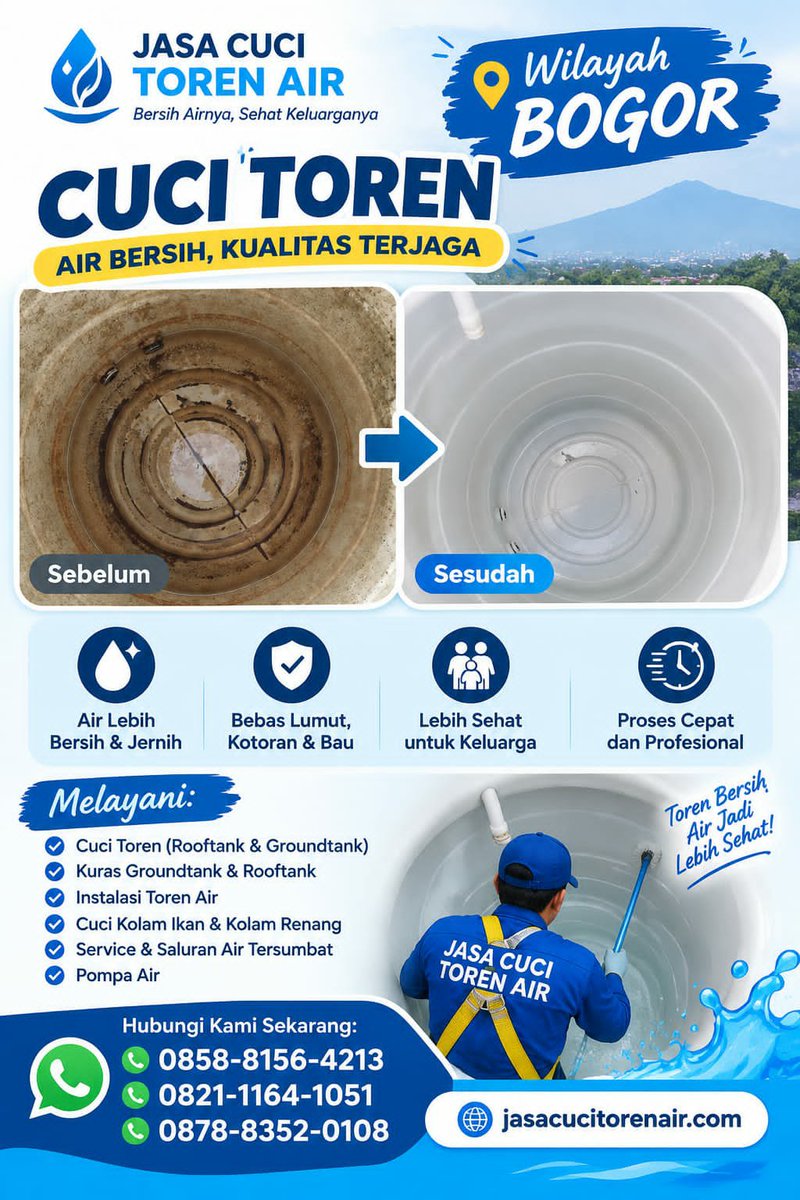 Cucitorenair's tweet photo. 💧 JASA CUCI TOREN WILAYAH BOGOR 💧
Toren kotor, berlumut, dan berbau? 
Hubungi :
📞 0858-8156-4213
📞 0821-1164-1051
📞 0878-8352-0108
🌐 https://t.co/EuUTxQrYcl
Jasa Cuci Toren Bogor 
#JasaCuciTorenBogor #KurasToren #InstalasiAir #CuciTorenBogor #Jabodetabek https://t.co/oE6yFHAsQi