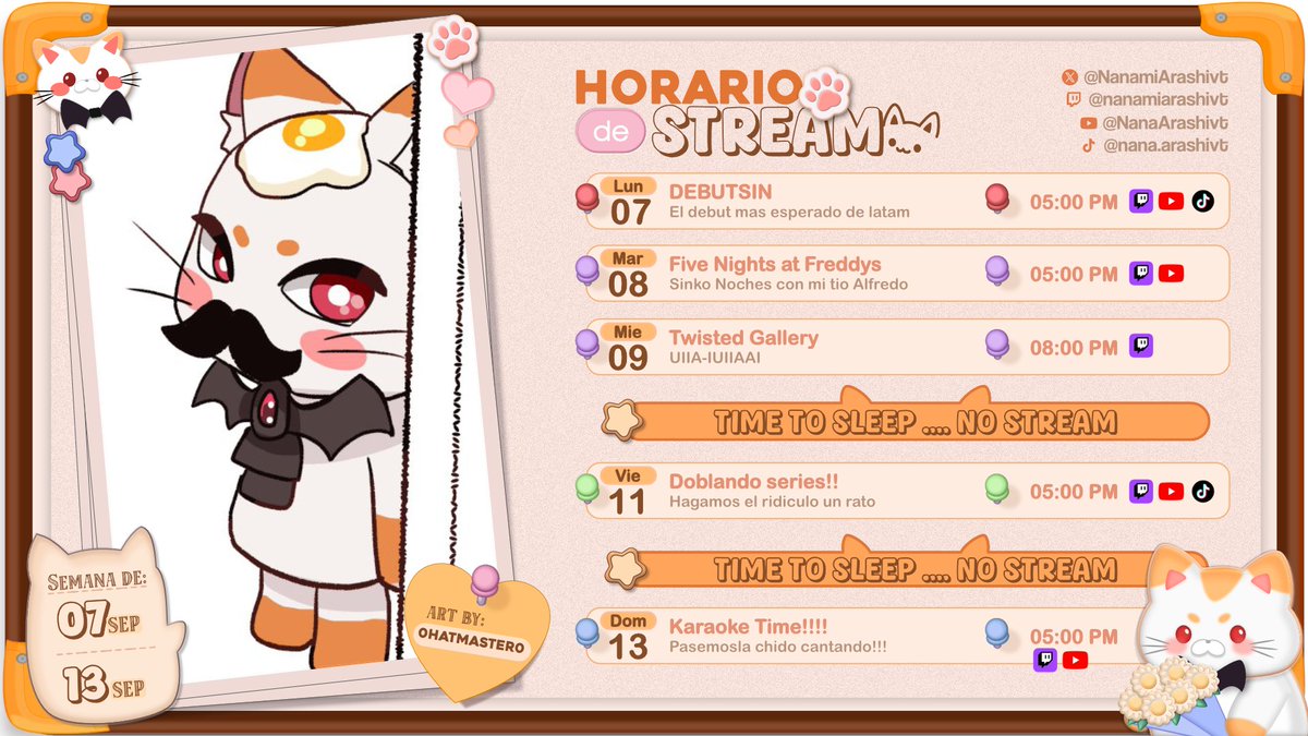 NanamiArashivt's tweet photo. ୨୧ HORARIO ୨୧
　07/09 — 13/09

꒰ ⚠︎ Sujeto a cambios ⚠︎ ꒱
╭─ ୨୧ CONTENIDO
│ General　➜ #NanaArashi
│ Clips　　➜ #Nanisclip
│ Fanart　 ➜ #NamasArte
│ Memes　　➜ #NanaMemardo
╰──
୨୧ DIRECTOS ୨୧
　↳ Twitch ➜ https://t.co/ojGt8QtVzi https://t.co/NI2VVhbfwD