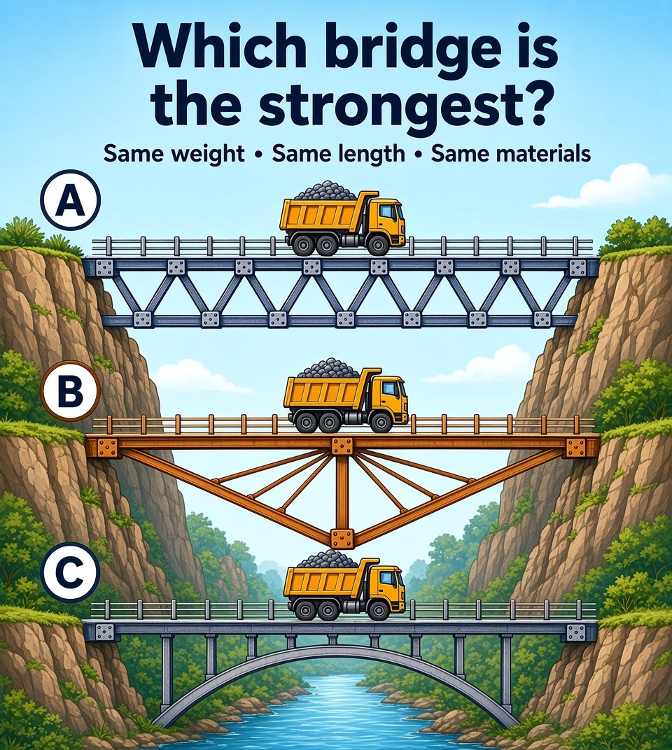 tonmoy807's tweet photo. Most people get this wrong.

Which bridge is actually the strongest?

A, B or C?

Answer in the comments before checking others’ replies 👀 https://t.co/TOPKIZY6AY