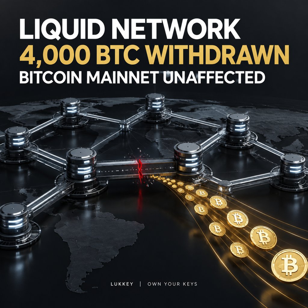 lukkeyofficial's tweet photo. Liquid Network: 4,000 BTC Withdrawn

About 4,000 BTC, worth roughly $320 million, was withdrawn from Liquid Network's federation wallet. Bitcoin mainnet was not hacked; the incident involved a federated sidechain bridge and its federation wallet.

Every extra trust layer changes where risk sits. LUKKEY is built for people who want direct control of their assets through a dedicated hardware wallet.

Know your trust model. Own your keys.

https://t.co/bRUyGtIMtX

#Bitcoin #LiquidNetwork #SelfCustody #LUKKEY