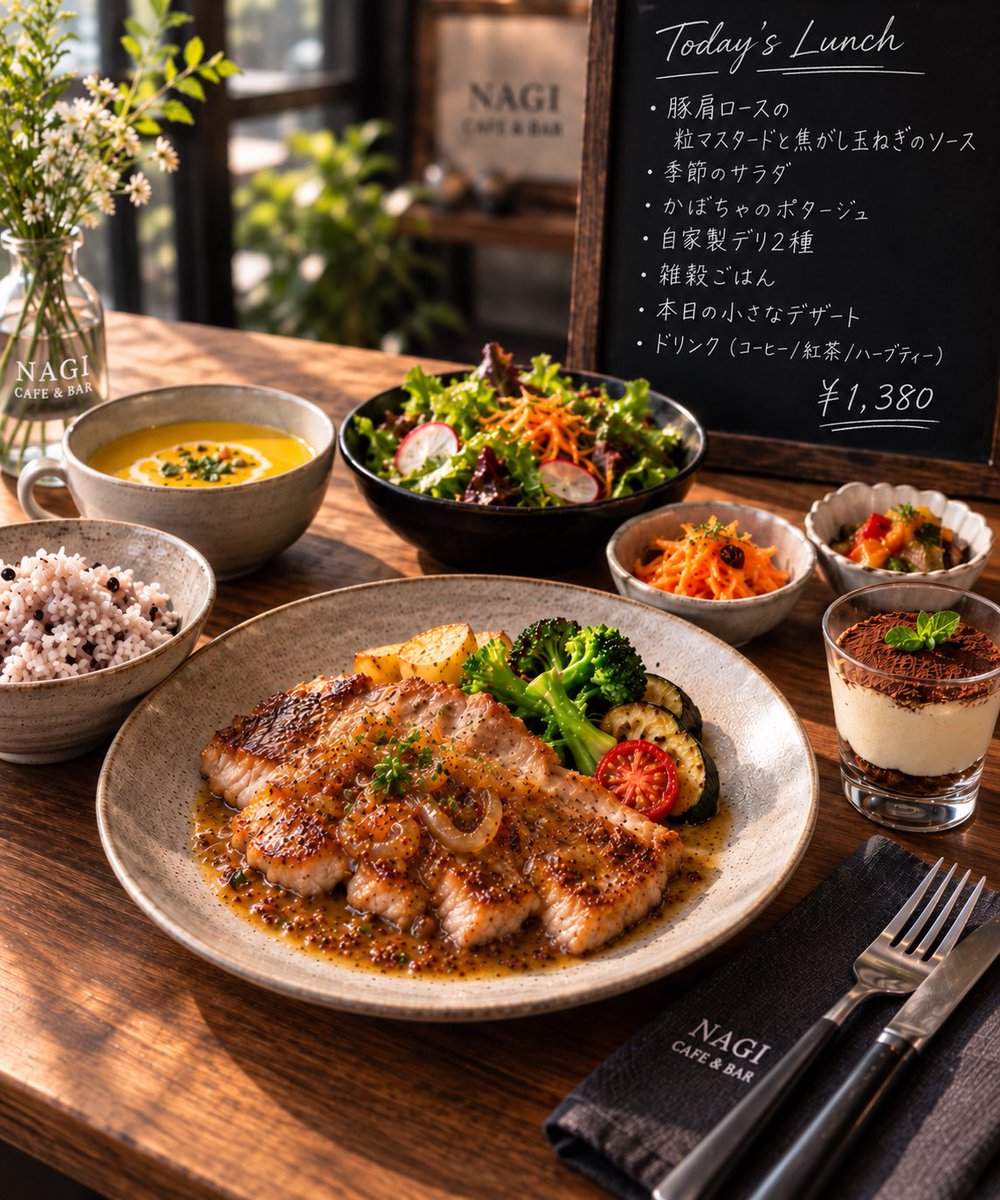 nagi_cafebar's tweet photo. 本日のランチ🍽

豚肩ロース、ゆっくり焼きました��
粒マスタードと焦がし玉ねぎのソースでどうぞ。
こちらも雑穀米、白米、パン各種から選べます。

前回デザートつけたら好評だったので、今回から定番にしますね。

#NAGICAFEandBAR https://t.co/gsJpxofRQM