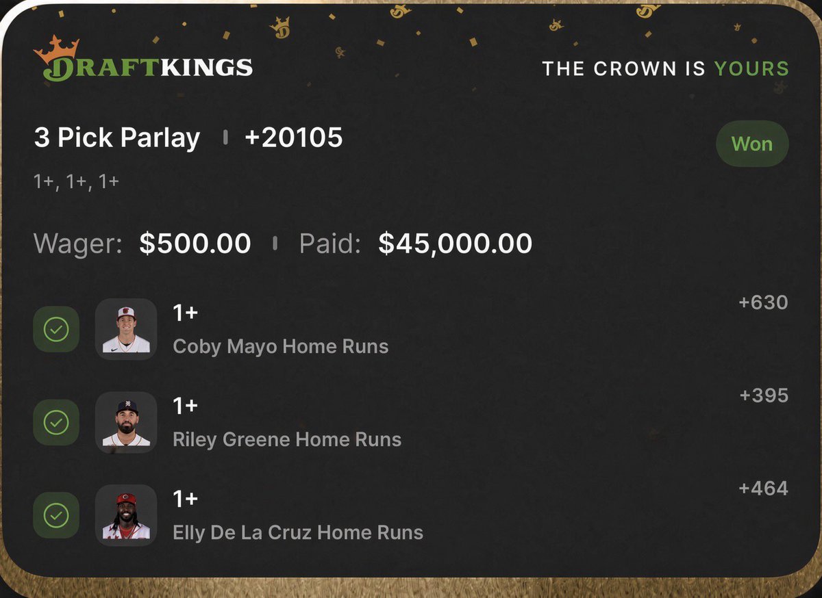 BETCORTEX1's tweet photo. 🔥 $500 → $45,000! 🔥

3-pick HR parlay came through! 💰
✅ Coby Mayo 1+ HR
✅ Riley Greene 1+ HR
✅ Elly De La Cruz 1+ HR

+20105 odds — ALL THREE CASHED! 👑💵
Talk is cheap… the ticket speaks for itself! 🤑

@Playbook https://t.co/KRNyKfJWMP
