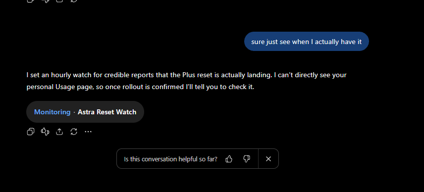 ChickenOnAStrip's tweet photo. For everyone waiting for a reset, just set a schedule in the web version, it'll check for you.
@thsottiaux @sama https://t.co/qboL2s8BKJ
