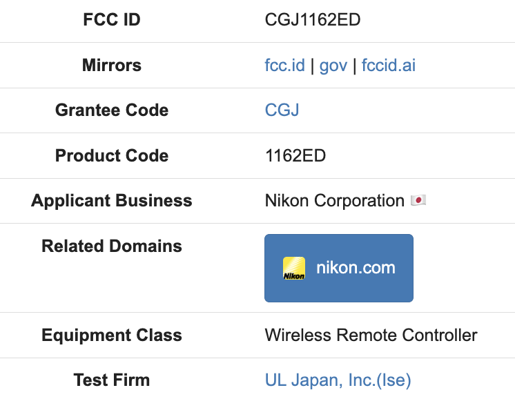 nikonrumors's tweet photo. Nikon registered a new 1162ED wireless remote controller with the FCC: the confidentiality ends on November 3rd 2026: https://t.co/ftpK1pAM2e https://t.co/n3RhhHW4Pi
