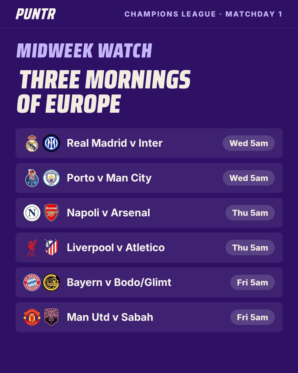 puntr_app's tweet photo. Champions League survivor starts tomorrow morning.

Real Madrid v Inter and Porto v Man City at 5am.

Napoli v Arsenal and Liverpool v Atletico Thursday 5am.

Bayern and Man Utd Friday 5am.

Three mornings. Set the alarm.

#puntr #ChampionsLeague #UCL #MidweekWatch #Survivor https://t.co/aOJNXwT4Kb