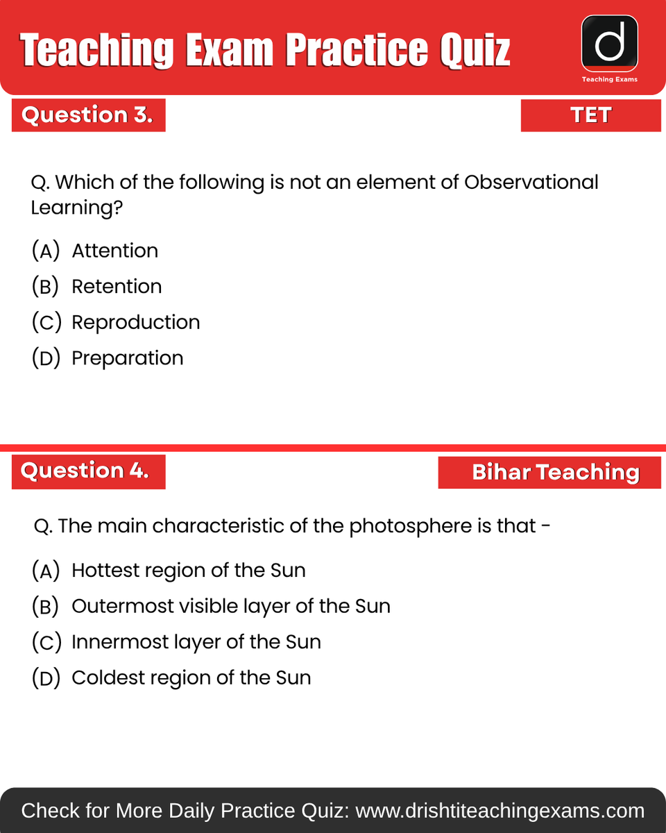 Drishtiteaching's tweet photo. Today’s daily practice quiz is here 📚 Try it and check your score!
More such available on Drishti Teaching Exams Website for daily practice.
#UGC #TET #TGT #PGT #BiharTeaching #MCQ #PracticeQuiz #PYQ #TeachingMCQ #DrishtiTeachingExams https://t.co/dHQYJTstZM