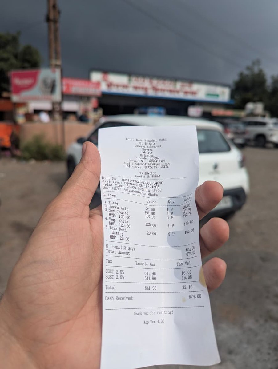 pratik0227's tweet photo. Stopped at a dhaba on the Jaipur highway yesterday. Hotel Jammu Himachal Dhaba, 

Cheerwa, Udaipur. Bill came: ₹641.90 food + ₹32.10 GST. CGST 2.5%, SGST 2.5%.

Before I paid, I did what I always do. Opened https://t.co/o1skUj6JJH. Typed in the GSTIN from the bill. Hit Search.

Status: Regular Taxpayer.

I paid without a second thought.

But here is what most people don't know and what I have seen go wrong at dozens of small restaurants, dhabas, and shops across India:

A Composition taxpayer CANNOT collect GST from you. Ever.

Under the GST Composition Scheme, a dealer pays a flat tax to the government from their own pocket - 1% for traders, 6% for service providers. They cannot add GST to your invoice. 

They cannot charge you CGST or SGST. The moment they do, that amount is being collected from you with zero legal basis.

It does not go to the government. It stays with the owner.

That is not a tax. That is a collection.

How to check in 30 seconds:

→ Open https://t.co/o1skUj6JJH
→ Search Taxpayer → Enter GSTIN from your bill
→ See: Regular / Composition / Suspended / Invalid

If it says Composition and they charged you GST you have the right to refuse  payment of that amount and raise a complaint on the GST portal.

This dhaba was clean. Not every one is.

Check before you pay. 🧾