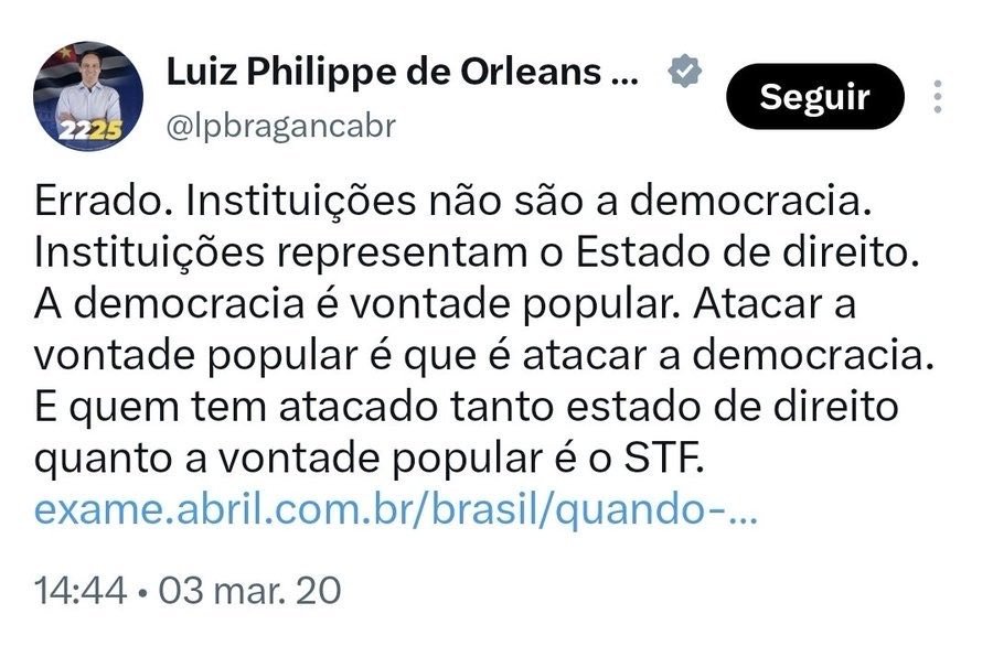 o_incensuravel's tweet photo. A publicação abaixo foi uma das postagens de Luiz Philippe reproduzidas por Alexandre de Moraes na decisão de maio de 2020 que determinou que o parlamentar fosse ouvido pela Polícia Federal no Inquérito das Fake News. Luiz Philippe recusou-se a comparecer. “Não houve identificação no inquérito se eu sou réu ou testemunha. Não tendo esse esclarecimento, não há por que eu ir a qualquer oitiva”, afirmou. E completou: “Acho um descabimento prestar depoimento num inquérito cuja legalidade não exista.” Nessa época, a imprensa tinha um orgasmo para cada decisão descabida de Moraes.