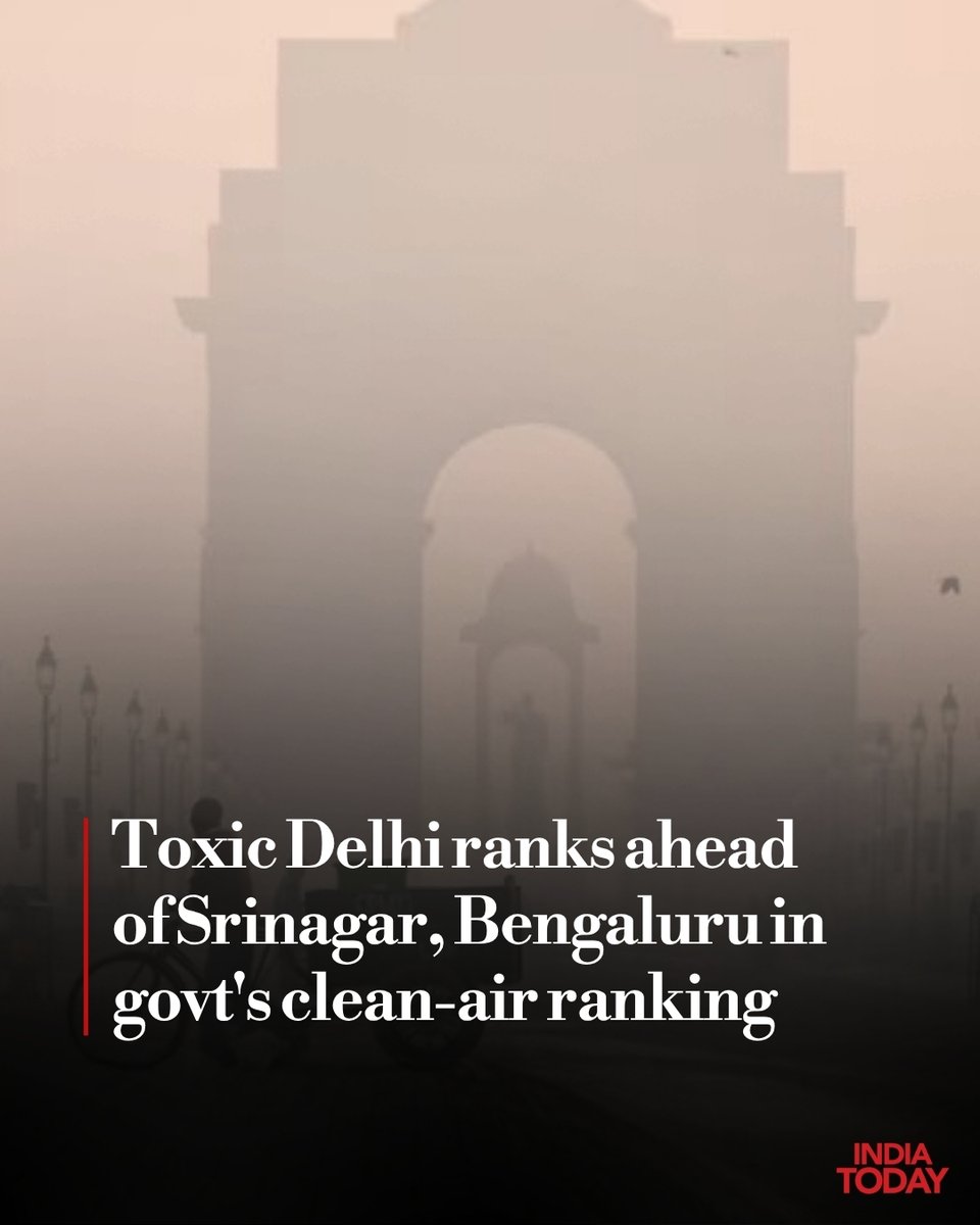 IndiaToday's tweet photo. The Centre's Swachh Vayu Sarvekshan 2026 has ranked Delhi ahead of Srinagar and Bengaluru despite the national capital being in the news regularly for toxic air. That's because the survey rewards pollution-control efforts and implementation, not air quality alone.

Lucknow topped the million-plus category with 198 points, narrowly beating Indore, which has been named the cleanest city in India for eight consecutive years in the annual Swachh Survekshan rankings.

Jabalpur was third with 195 points, followed by Bhopal and Agra, which shared fourth place with 192 points each.

#Delhi #AirPollution #SwachhVayuSarvekshan #CleanAir #IndiaTodaySocial