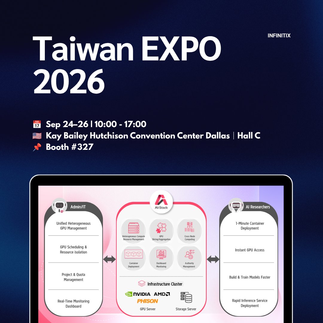 INFINITIX_AI's tweet photo. 🚀 From AI Infrastructure to AI Cloud.

At #TaiwanExpoUSA 2026, discover:

🔹 AI-Stack — GPU management &amp; intelligent scheduling
🔹 ixCSP — scalable AI Cloud services

📍 Booth #327 | Dallas
📅 Sep 24–26

#TaiwanExpoUSA #INFINITIX #AIStack #ixCSP #Dallas https://t.co/NbISVOsmOK