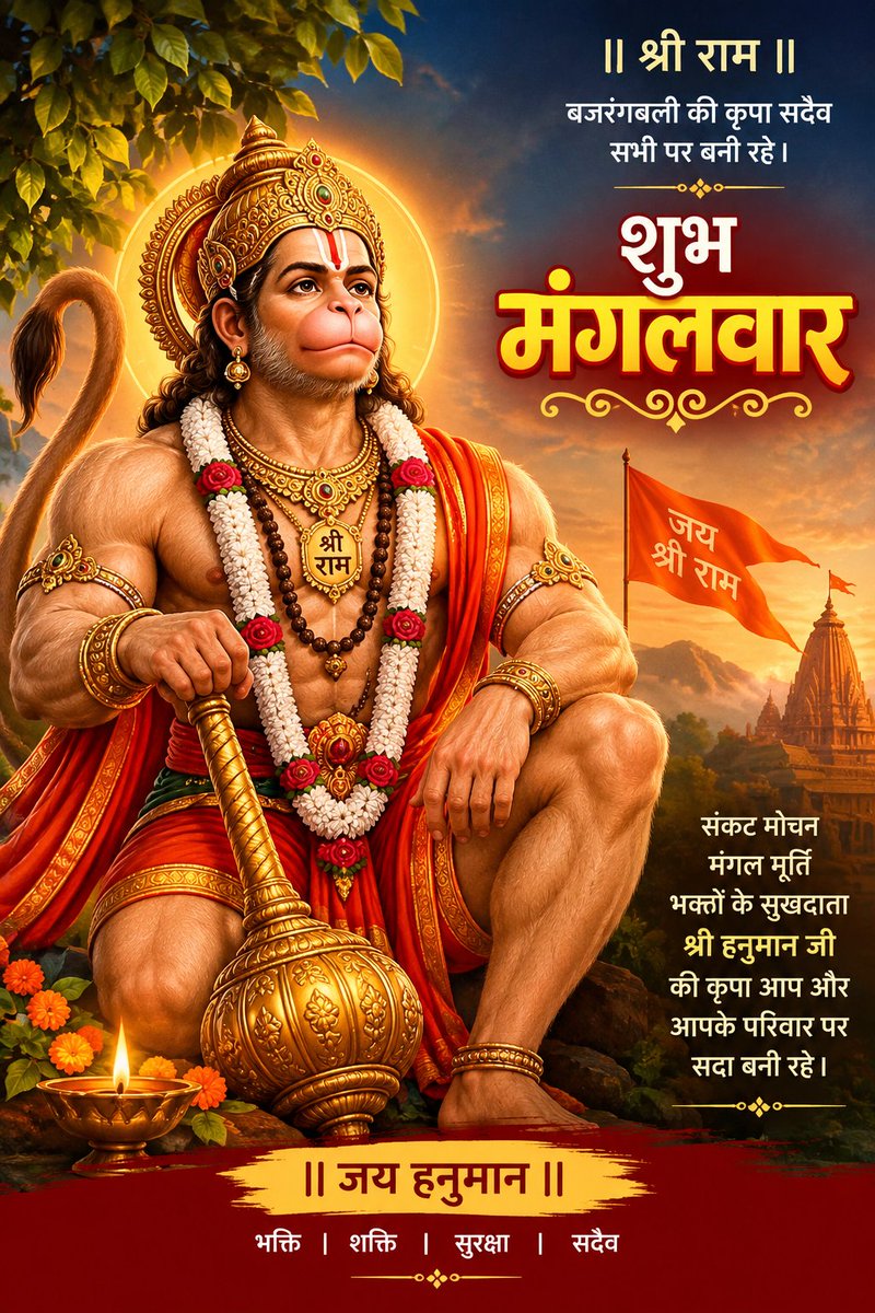 jangrasumi's tweet photo. 🚩 शुभ मंगलवार 🚩

🙏 श्री #हनुमानजी की कृपा सभी पर बनी रहे।

महाबीर बिक्रम बजरंगी।
कुमति निवार सुमति के संगी॥

#संकटमोचन हनुमान जी सभी के जीवन से संकट दूर करें और शक्ति, साहस एवं सद्बुद्धि प्रदान करें। 🙏🚩

॥ जय #श्रीराम ॥
॥ जय #बजरंगबली ॥

#मंगलवार #जयश्रीराम 
#SSMGurugram https://t.co/1BB4rHnCuE