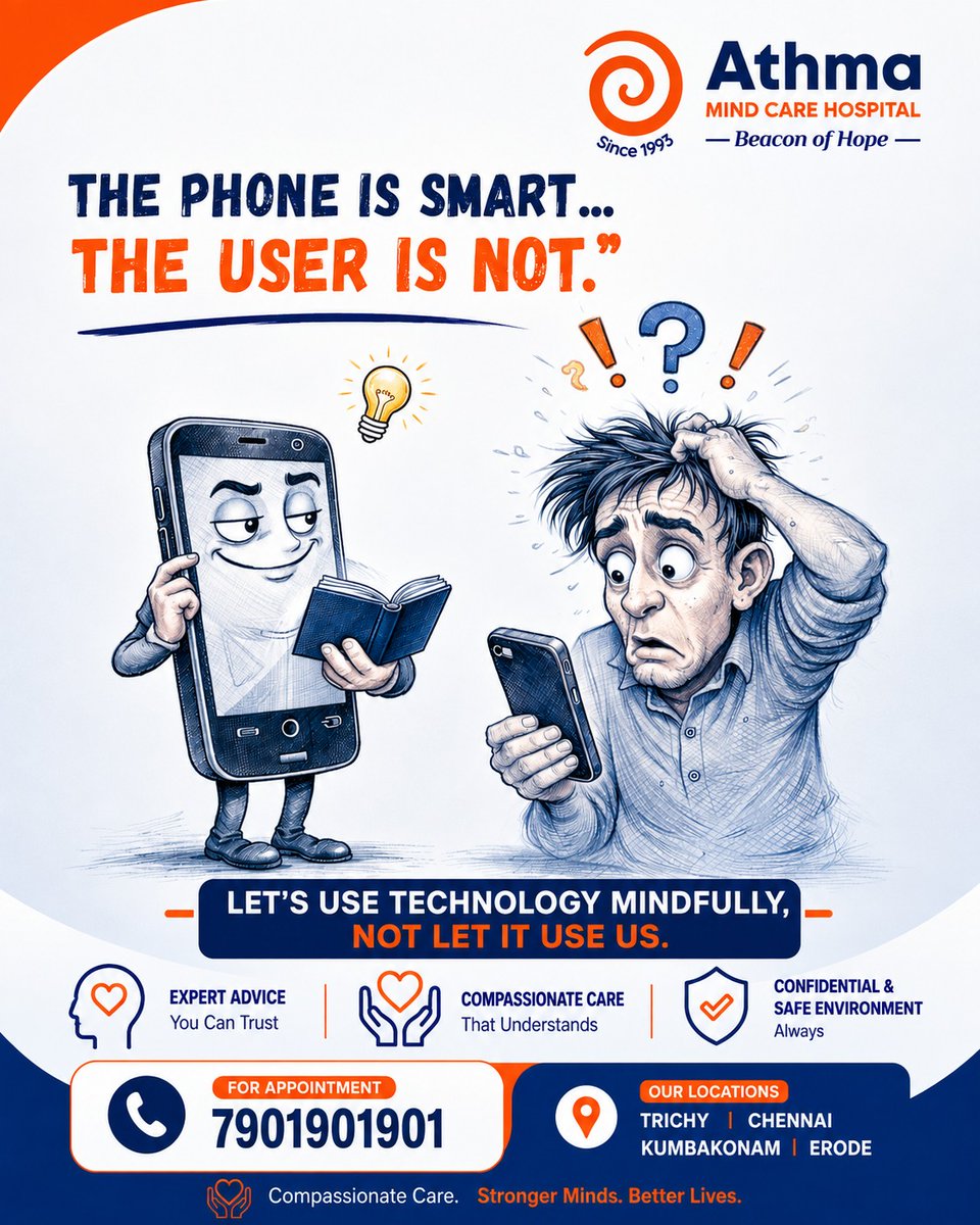 athma_hospitals's tweet photo. THE PHONE IS SMART. THE USER IS NOT.
For more details:
Contact: 7 901 901 901
Visit: https://t.co/BsNYaNa5Yx
Address: Athma Mind Care Hospitals,
12 B&C, 10th Cross (East),
Thillainagar, Trichy -18.
#phoneaddiction #drugaddiction #mindproblem #alcoholawareness #depression # https://t.co/em1KUg1toU