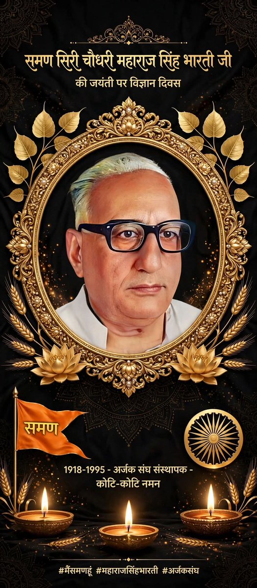 university_we's tweet photo. *जय सिरी समण - समण सिरी चौधरी महाराज सिंह भारती जी का इतिहास*

ये वो समण फकीर थे जिन्होंने कहा था - *"मुझे मरने के बाद स्वर्गीय मत कहना, मेरी आत्मा की शांति के लिए मौन मत र��ना"*

*1. जन्म:*
- *1 नवंबर 1918*, गाँव *अरनावली, मेरठ, यूपी*। जाट किसान परिवार।
- स्वतंत्रता संग्राम सेनानी। जवानी में ही अंग्रेजों के खिलाफ लड़े।

*2. राजनीति:*
- 1950 में कांग्रेस छोड़ी - कहा कांग्रेस पूंजीपतियों की पार्टी है।
- 1952 में *डॉ. राममनोहर लोहिया* की सोशलिस्ट पार्टी में शामिल।
- 1957 में एमएलसी बने, *1967 में बैलगाड़ी और खटारा जीप से चुनाव प्रचार करके सांसद बने* - मेरठ से। जबकि विरोधी बड़ी गाड़ियों में थे। जनता ने फकीर को जिताया।
- 60 देशों की यात्रा अपने निजी पैसे 38,000 रुपये खर्च करके की, किसानों की हालत देखने।

*3. अर्जक संघ - समण क्रांति:*
- *महामना रामस्वरूप वर्मा* जी के साथ मिलकर *1 जून 1968 को अर्जक संघ* बनाया। ये जोड़ी मार्क्स-एंगेल्स जैसी थी।
- अर्जक मतलब - अर्जक = अर्ज कर��े वाला, कमेरा, किसान-मजदूर। सारा धन कमाने वाला समण समाज ही है।
- साथ में *शोषित समाज दल* भी बनाया। दिन-रात इसी के प्रचार में लगे रहे।

*4. लेखक - वैज्ञानिक सोच:*
भारती जी ने ऐसी किताबें लिखीं जो डार्विन को टक्कर देती हैं:

- *सृष्टि और प्रलय* - डार्विन की 'Origin of Species' जैसी, सरल हिंदी में बताती है दुनिया ईश्वर ने नहीं बनाई, कुदरती नियमों से बनी है।
- *ईश्वर की खोज*
- *महान भारत के बौने नेता*
- *समाजवाद दर्शन और आचरण*
- *आतंकवाद कारण और निवारण*

*5. वसीयत - समण विचार की मिसाल:*
अपनी वसीयत में लिखा:
> "मेरे मरने के बाद जब संसद सदस्य मेरी शोक सभा करें तो मुझे *स्वर्गीय विशेषण से सम्बोधित न करें और न 'आत्मा की शान्ति' के लिए दो मिनट का मौन रखें।* यदि वे ऐसा करते हैं तो मेरे सिद्धांतो की हत्या करेंगे क्योंकि मेरा ईश्वर एवं आत्मा, पुनर्जन्म में कभी विश्वास नहीं रहा। मेरा मान���ा है कि स्वर्ग और नर्क की कल्पना पाखंडियों ने अपने स्वार्थ सिद्धि के लिए की है।"

*6. परिनिर्वाण:*
- *14 सितंबर 1995* को यशकायी हुए। अर्जक संघ उनकी जयंती को *"विज्ञान दिवस"* के रूप में मनाता है।

> चौधरी साहब समण समाज के पहले वैज्ञानिक सांसद थे - किसान, मजदूर, तर्कवादी, नास्तिक, समाजवादी।

*कोटि-कोटि नमन 🙏*
*बोल सम सम... जय सिरी समण 🚩*
*#मैंसमणहूं #महाराजसिंहभारती #अर्जकसंघ #समणदुनिया*