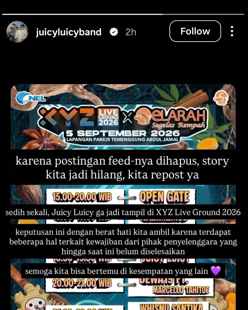 txtruangpodcast's tweet photo. klarifikasi pihak penyelenggara soal juicyluicy batal manggung di festival XYZ liveground Batam.

menjelang keberangkatan seluruh kebutuhan juicy luicy sesuai kesepakatan telah dipersiapkan oleh penyelenggara, termasuk pembayaran fee secara penuh, tiket penerbangan pulang-pergi, hotel, hospitality, serta kebutuhan teknis acara.

saat proses keberangkatan menuju batam, muncul kebutuhan tambahan berupa biaya kelebihan bagasi yang harus dibayarkan di bandara.

karena kebutuhan tersebut muncul saat keberangkatan, penyelenggara menawarkan agar biaya tersebut dibayarkan terlebih dahulu agar perjalanan tetap berjalan, dengan rencana diproses melalui mekanisme reimbursement pada pagi hari. karena beberapa performer juga mengalami kendala yang sama dan solusi yang ditawarkan juga sama.

fokus penyelenggara saat itu adalah memastikan performer tetap berangkat dan dapat hadir di xyz. seluruh proses dan dokumen pendukung terkait kebutuhan performer juga telah disimpan oleh penyelenggara.

sebelumnya pihak juicyluicy membuat story yang terkesan menyudutkan penyelenggara.
 
gimana menurut kamu??