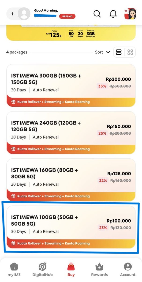 middleclass_id's tweet photo. Pagi ini beli paket internet ISTIMEWA 100 GB (50 GB + 50 GB 5G) di apps myIM3 seharga Rp 100rb.

Setelah transaksi, ternyata paket yg masuk hanya 50 GB.
Pdhl jelas tertulis di aplikasi kuotanya 100 GB (50 GB + 50 GB 5G).

Mohon penjelasan &amp; hak saya diberikan @indosat @indosatim3 https://t.co/JngEveJocW